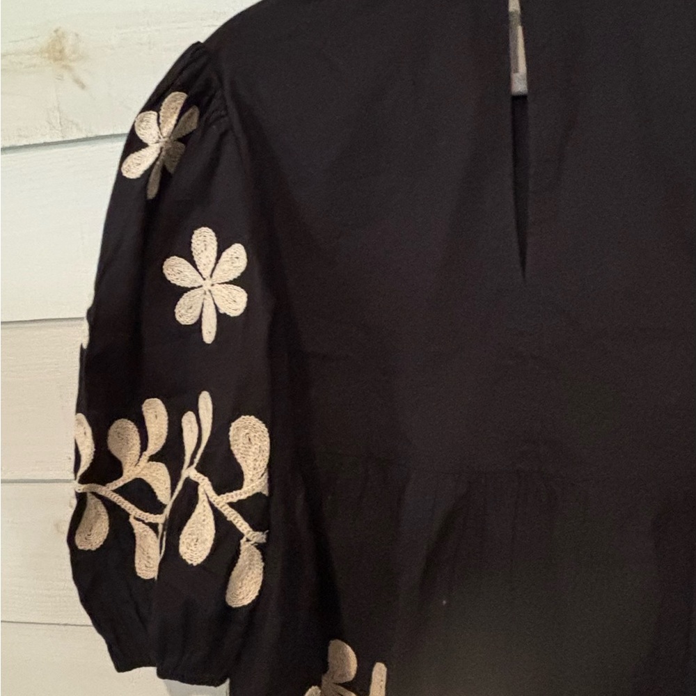Anthropologie Black Peplum Blouse with Cream Floral Embroidery - Picture 13 of 13